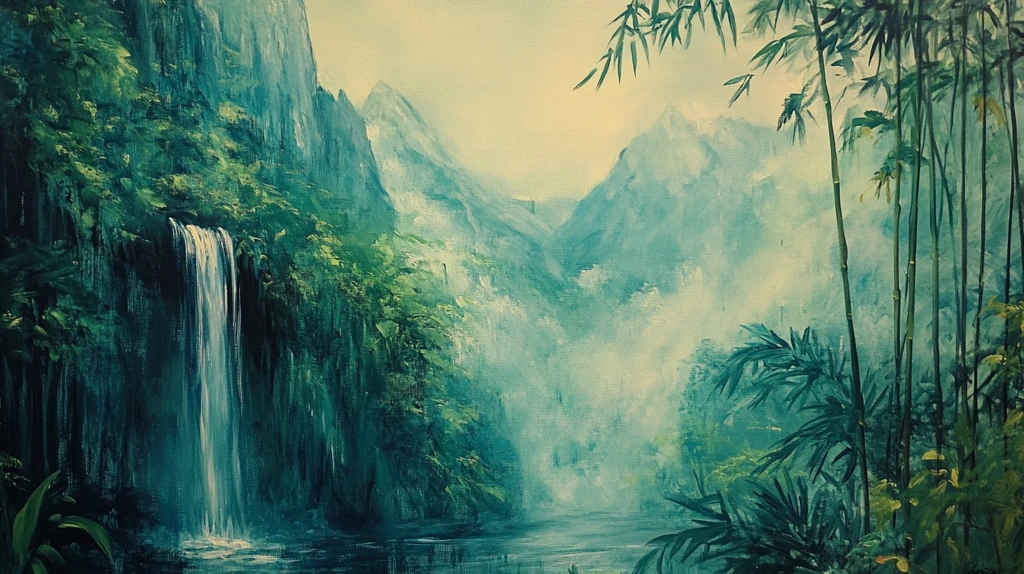 山水风景油画瀑布