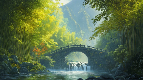 古桥竹林山水