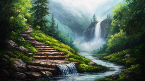 山水风景油画瀑布