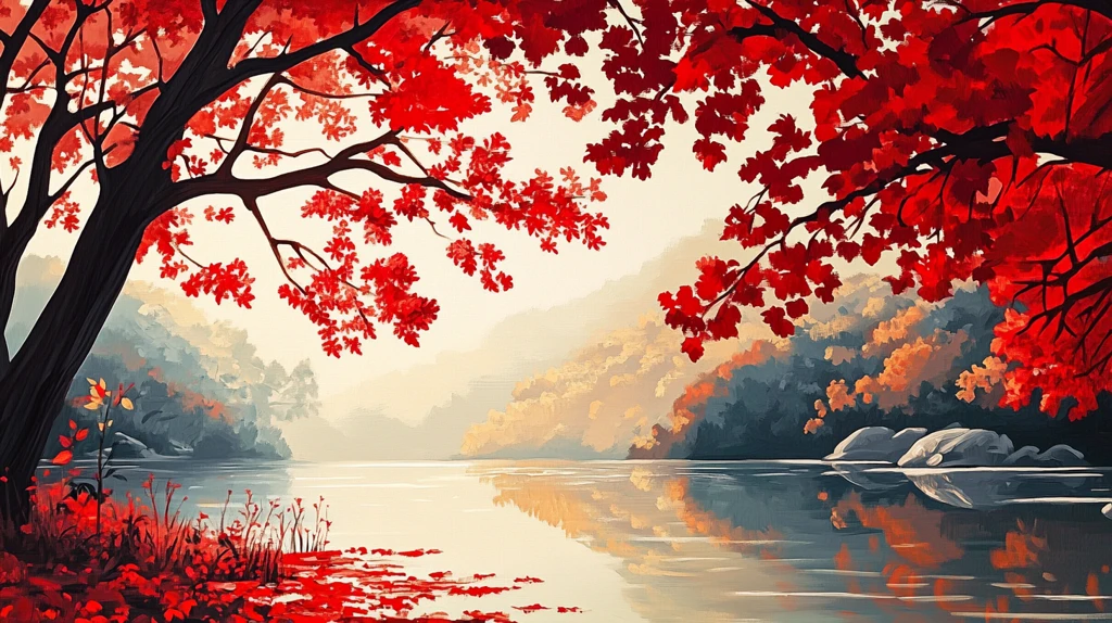 红叶树山水画