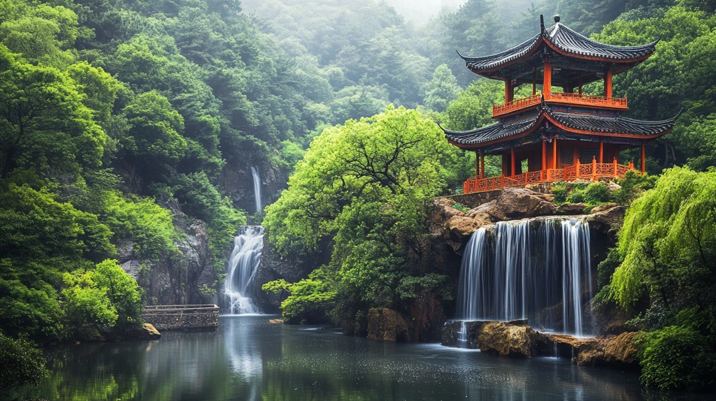 亭台楼阁流水瀑布