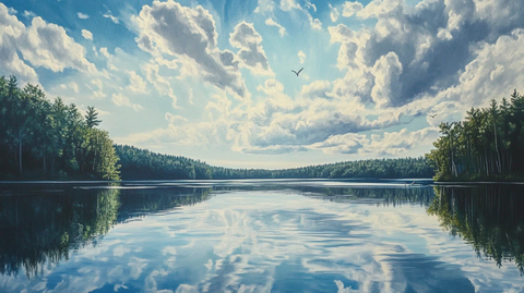 蓝天白云森林湖水