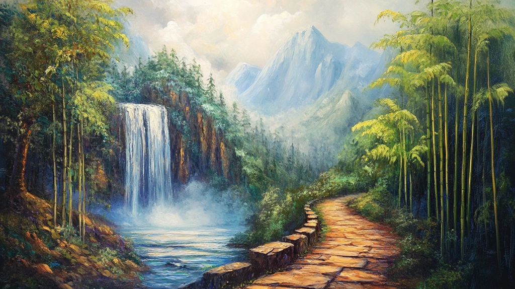 山水风景油画瀑布