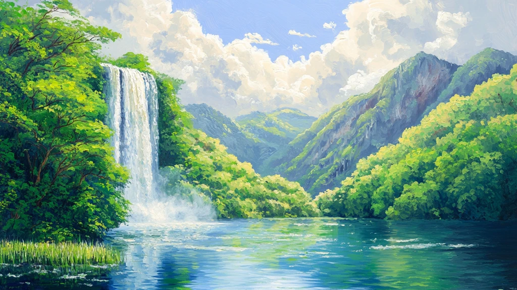 山水风景油画瀑布