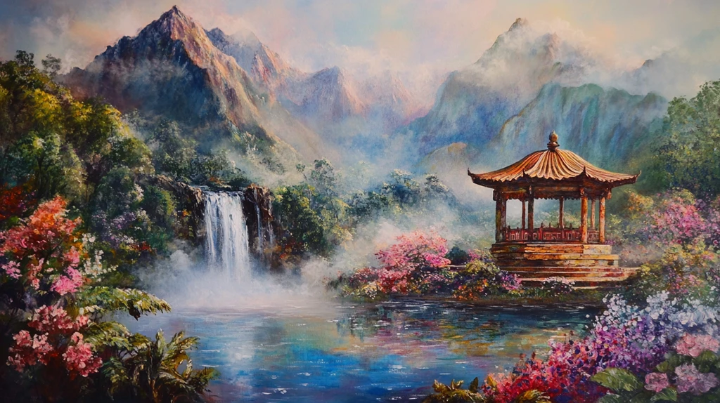 山水风景油画瀑布