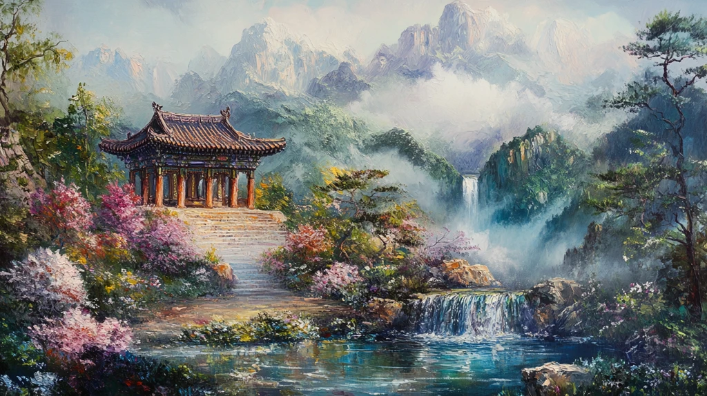 古风亭台楼阁油画