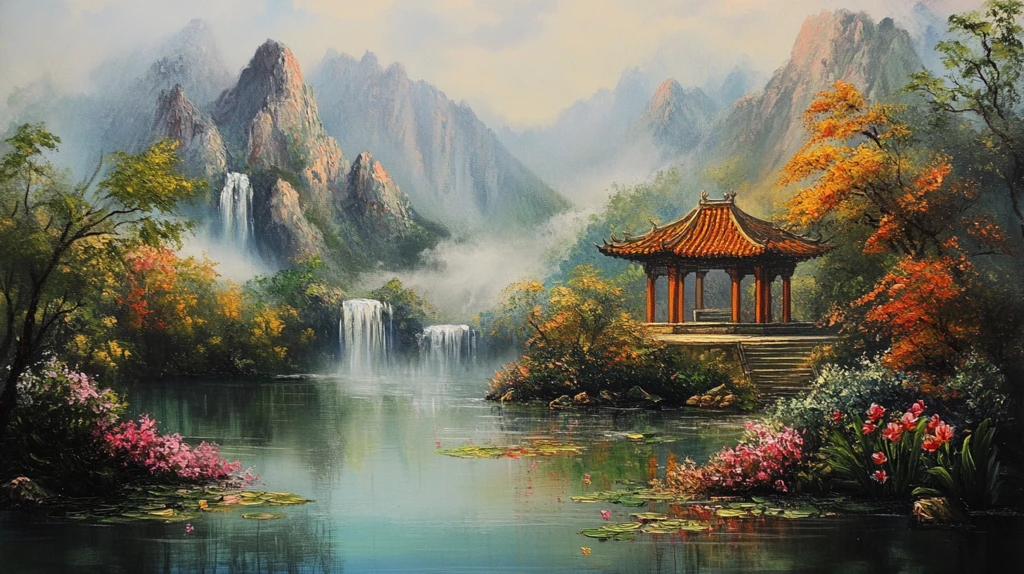 山水风景油画瀑布