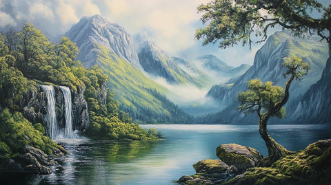 山水风景油画瀑布