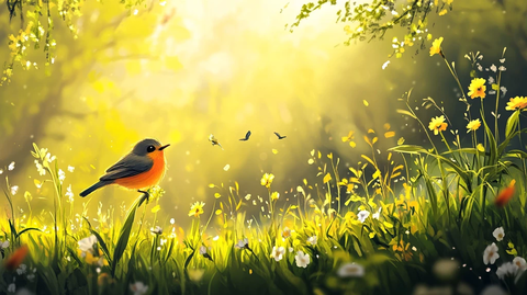 草地鲜花小鸟动物