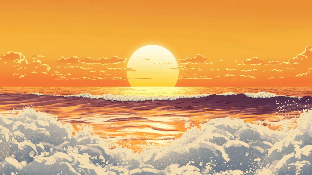 手绘海浪旭日东升