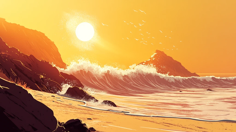 手绘海浪旭日东升