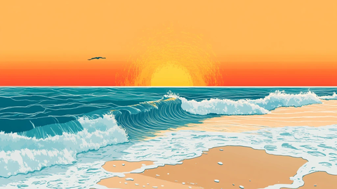 手绘海浪旭日东升