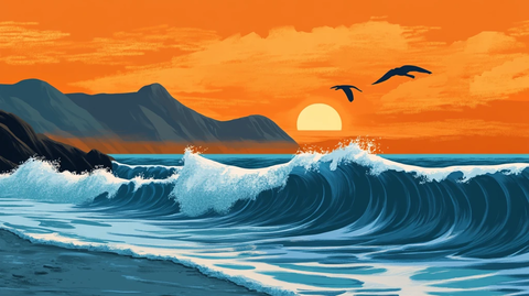 手绘海浪旭日东升