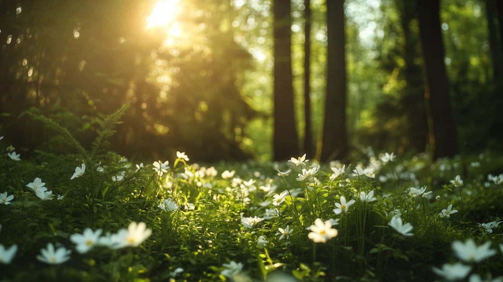 森林花朵上的阳光