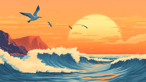 手绘海浪旭日东升