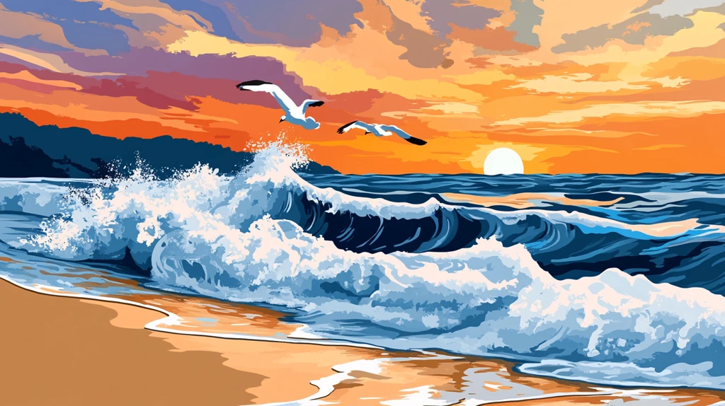 手绘海浪旭日东升