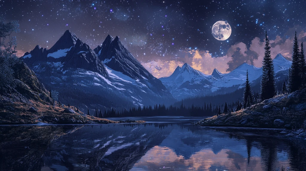 意境图片星月山川挂图