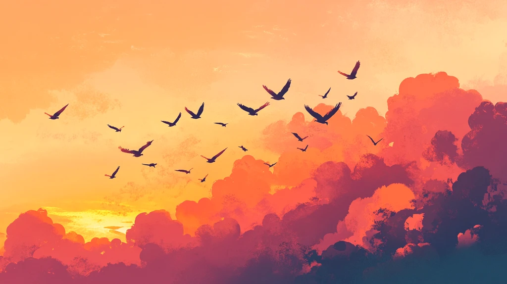 插画飞鸟落日