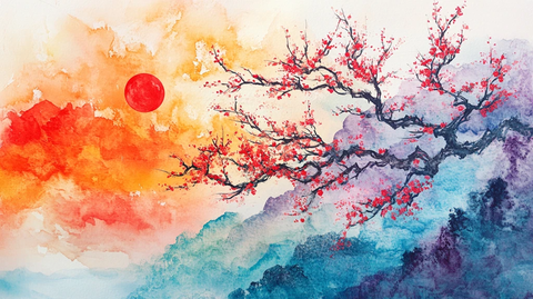 红日水墨山水
