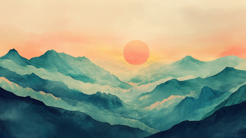 日落水墨画日落群山