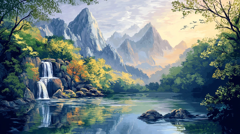 山水风景油画瀑布