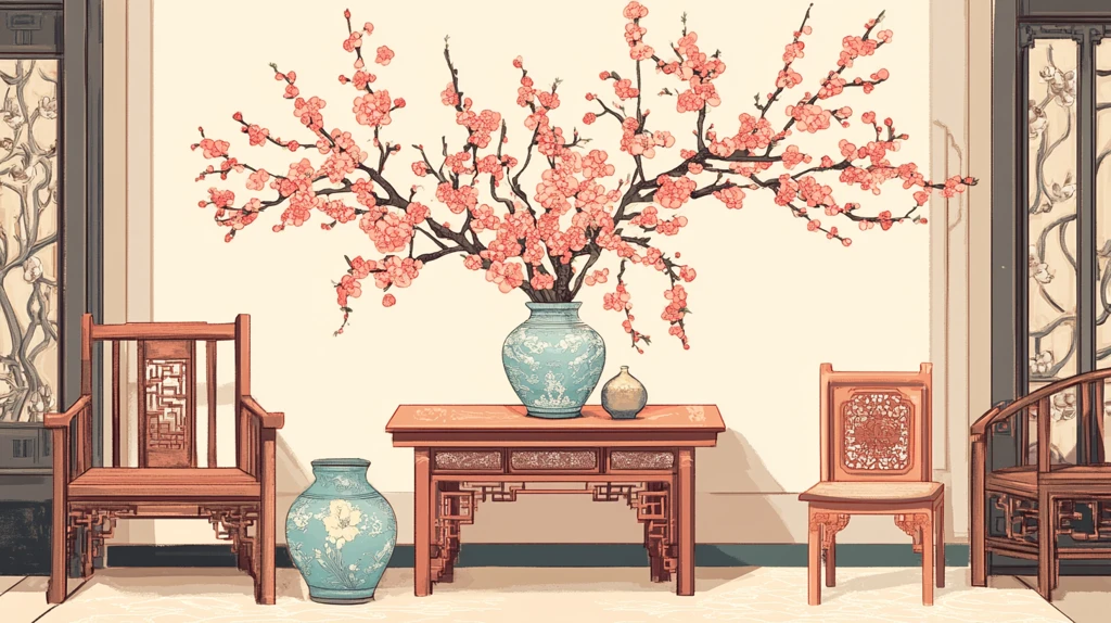 手绘阁楼皇宫梅花插画