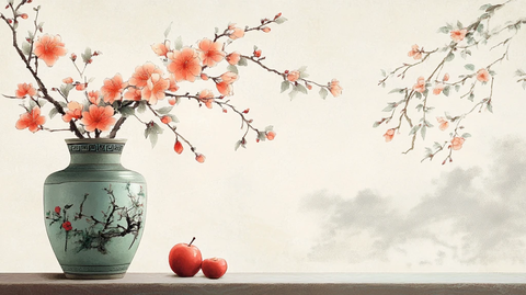 新中式手绘红色花鸟