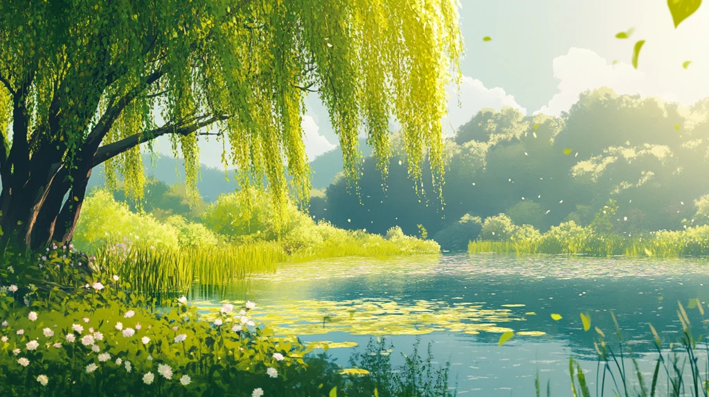 柳絮柳枝柳叶池塘荷塘