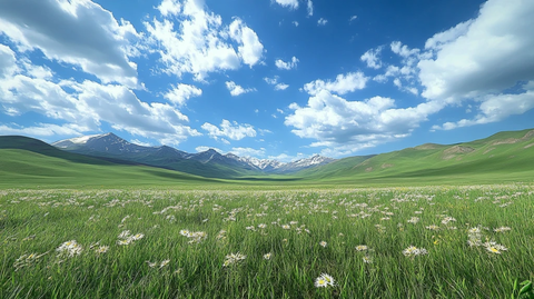 蓝天白云山脉草地背景