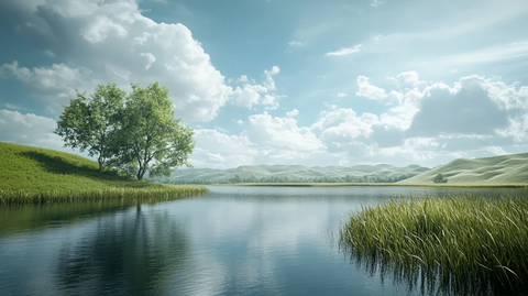 高清蓝天绿地湖面