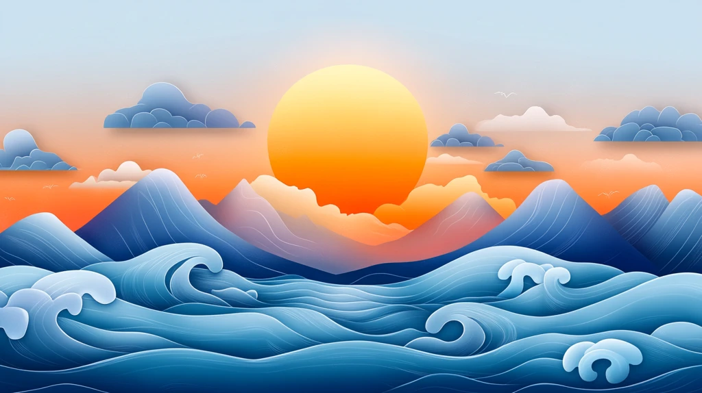 手绘海浪旭日东升