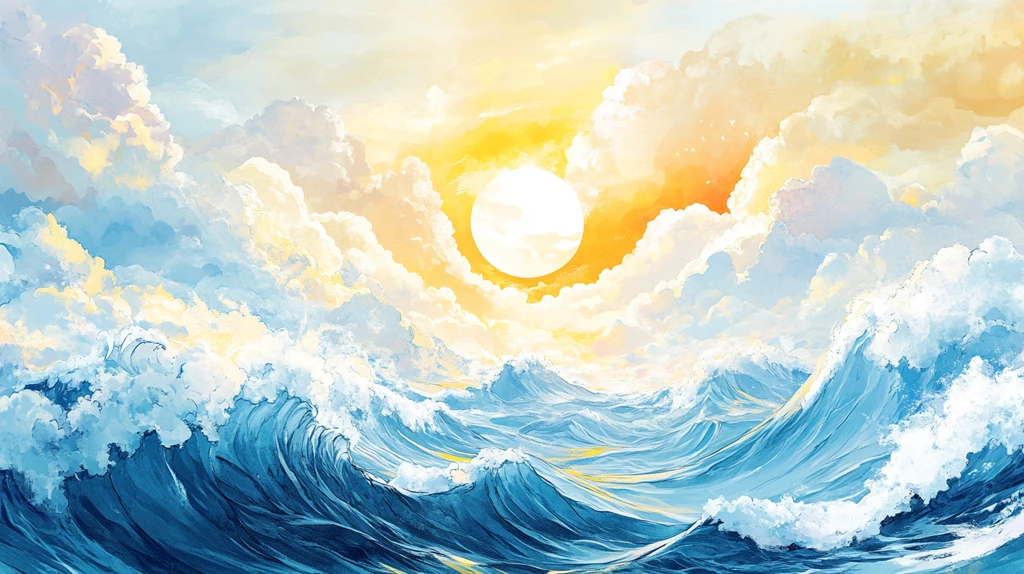 手绘海浪旭日东升