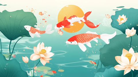 荷花锦鲤插画