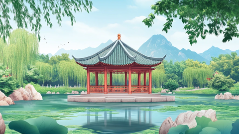 亭台楼阁绿色背景