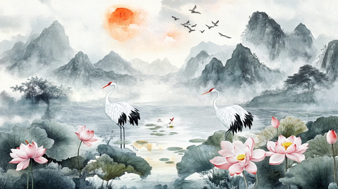 仙鹤古风山水画