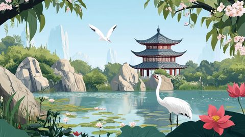 仙鹤楼阁山水插画