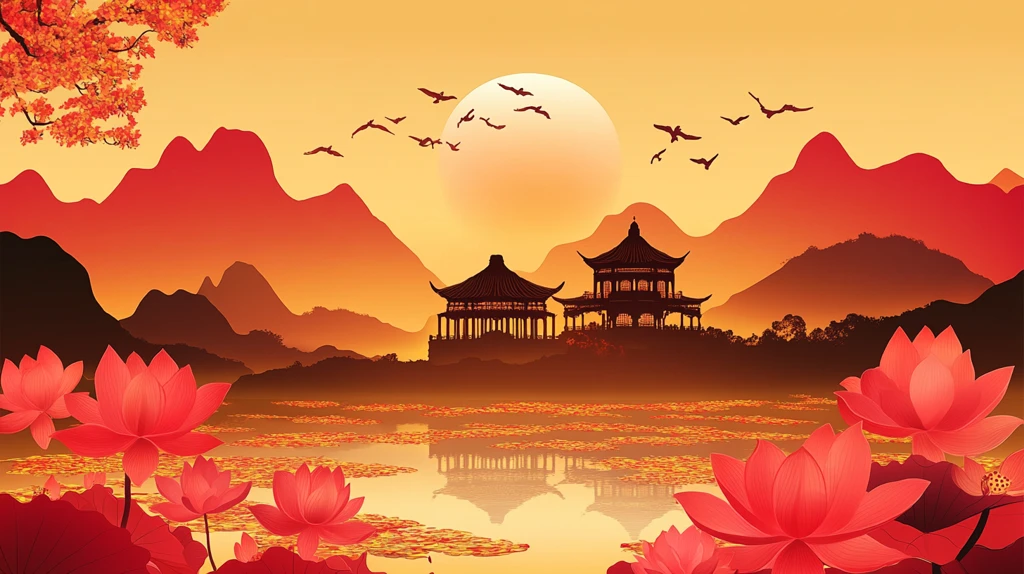 仙鹤楼阁山水插画