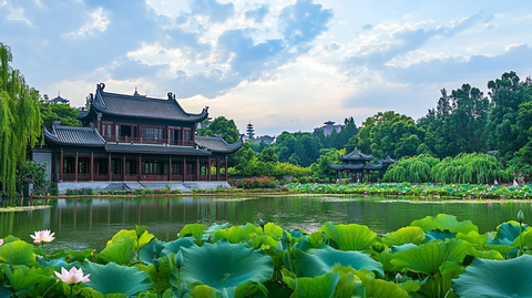 荷花池与中式建筑