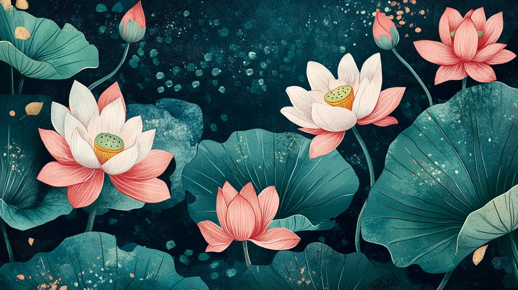 深蓝背景荷花图