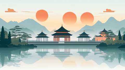 横店地标建筑山水画