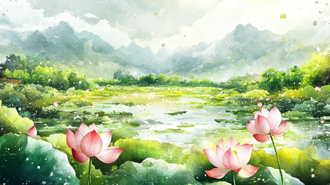 意境风景画水彩荷花