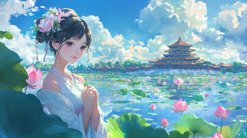 仲夏风荷塘侍女