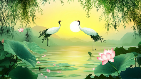 旭日东升仙鹤插画