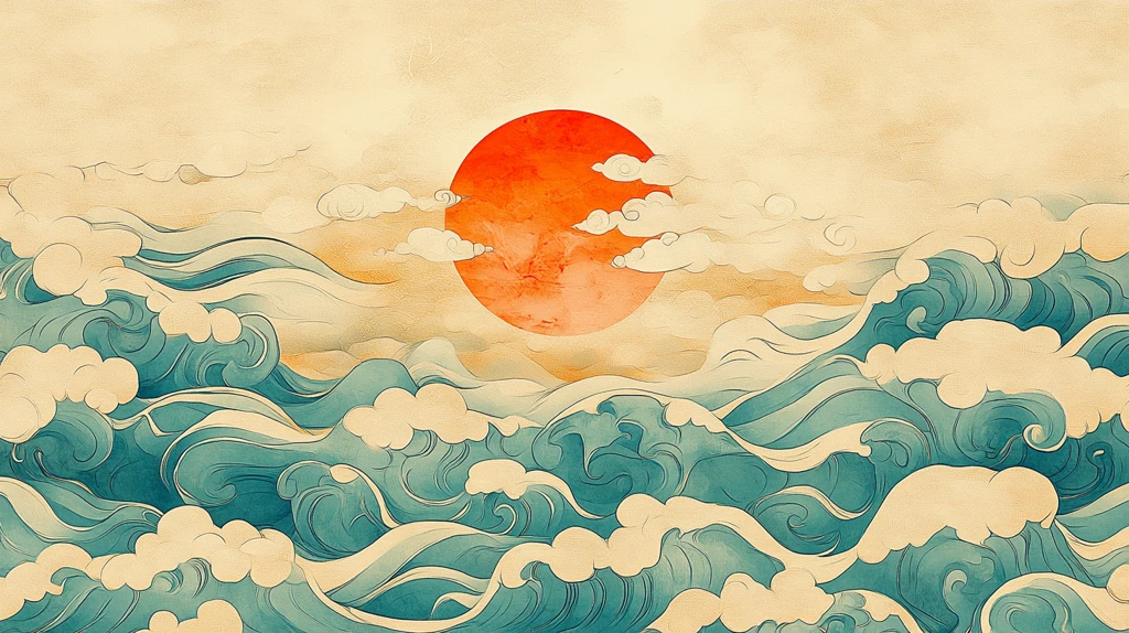 手绘海浪旭日东升