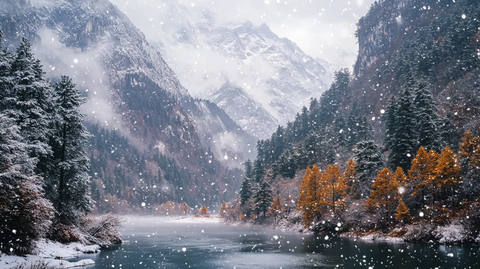 黄叶森林雪山高山湖泊