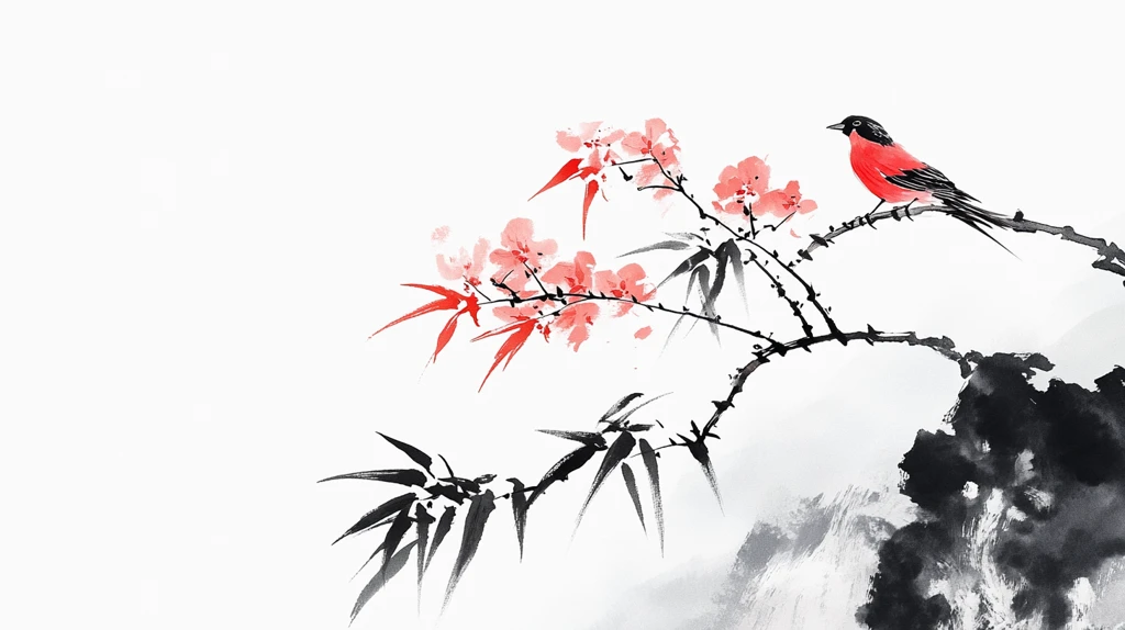 新中式手绘红色花鸟