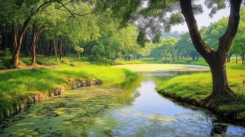 绿树湿地阳光绿草地