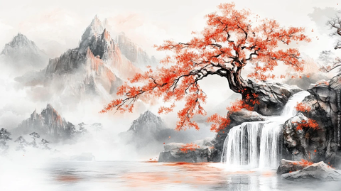 红叶古风山水画