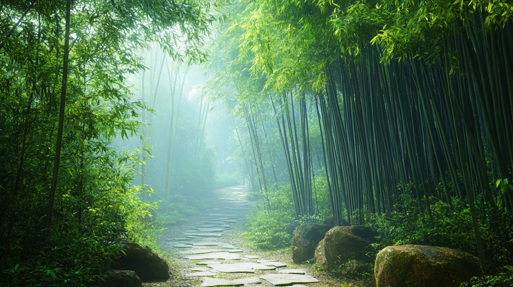 大雾中的竹林小路