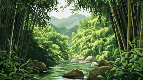 竹林河流山水